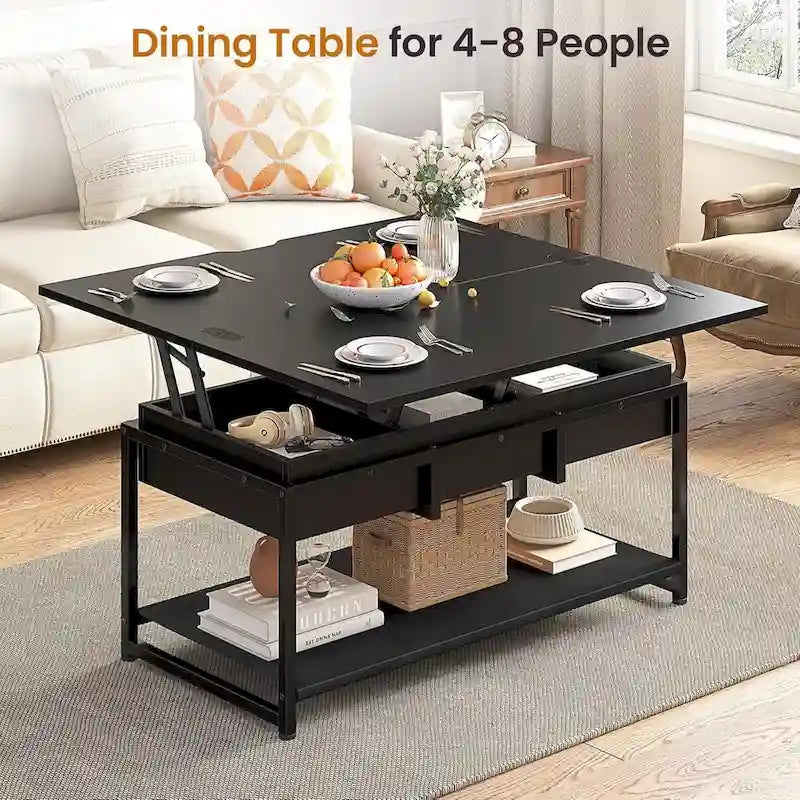 Table basse relevable avec étagère de rangement ouverte et rangement classifié caché