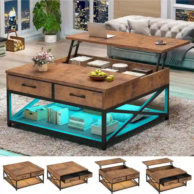 Table basse relevable avec étagère de rangement ouverte et rangement classifié caché