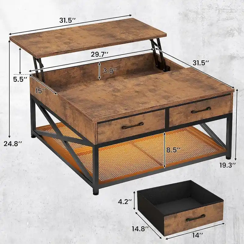 Table basse relevable avec étagère de rangement ouverte et rangement classifié caché