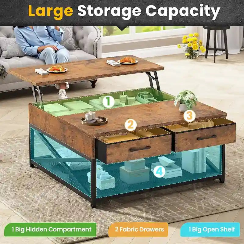 Table basse relevable avec étagère de rangement ouverte et rangement classifié caché