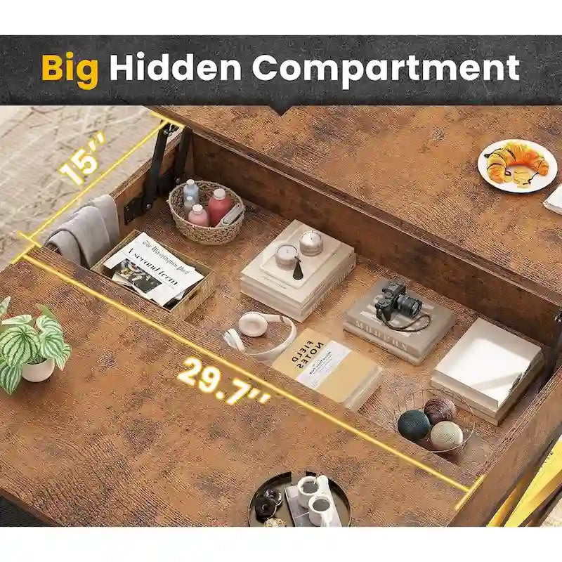 Table basse relevable avec étagère de rangement ouverte et rangement classifié caché