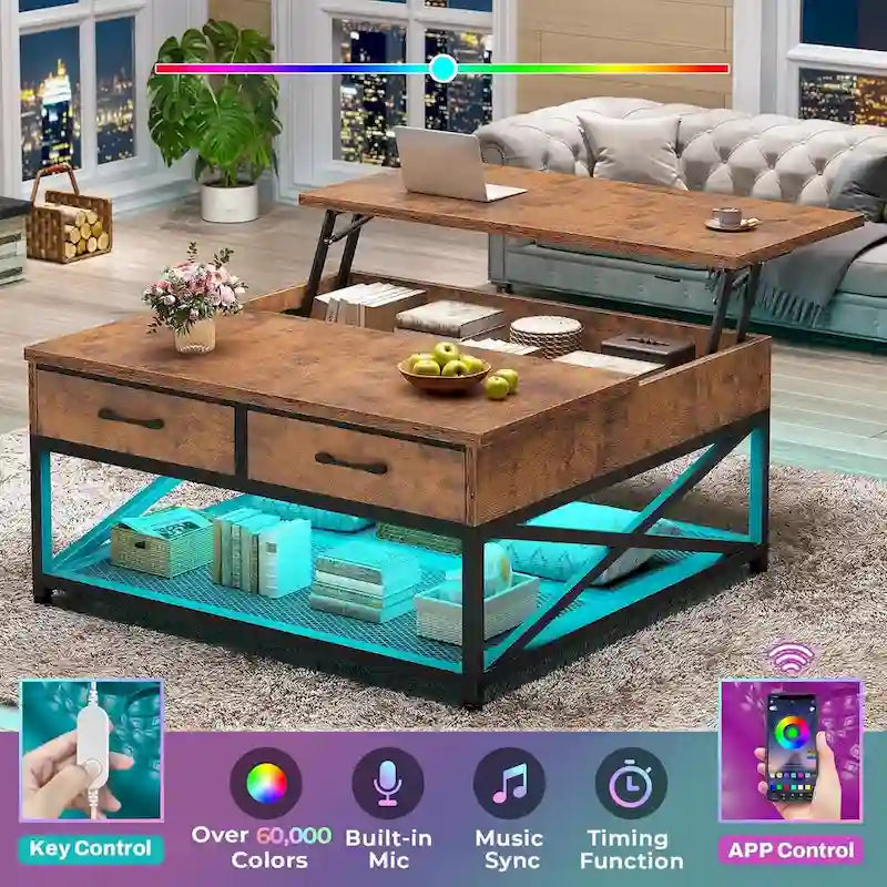 Table basse relevable avec étagère de rangement ouverte et rangement classifié caché