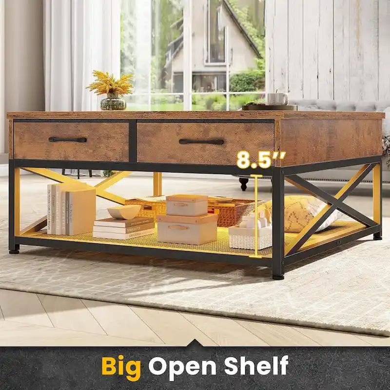 Table basse relevable avec étagère de rangement ouverte et rangement classifié caché