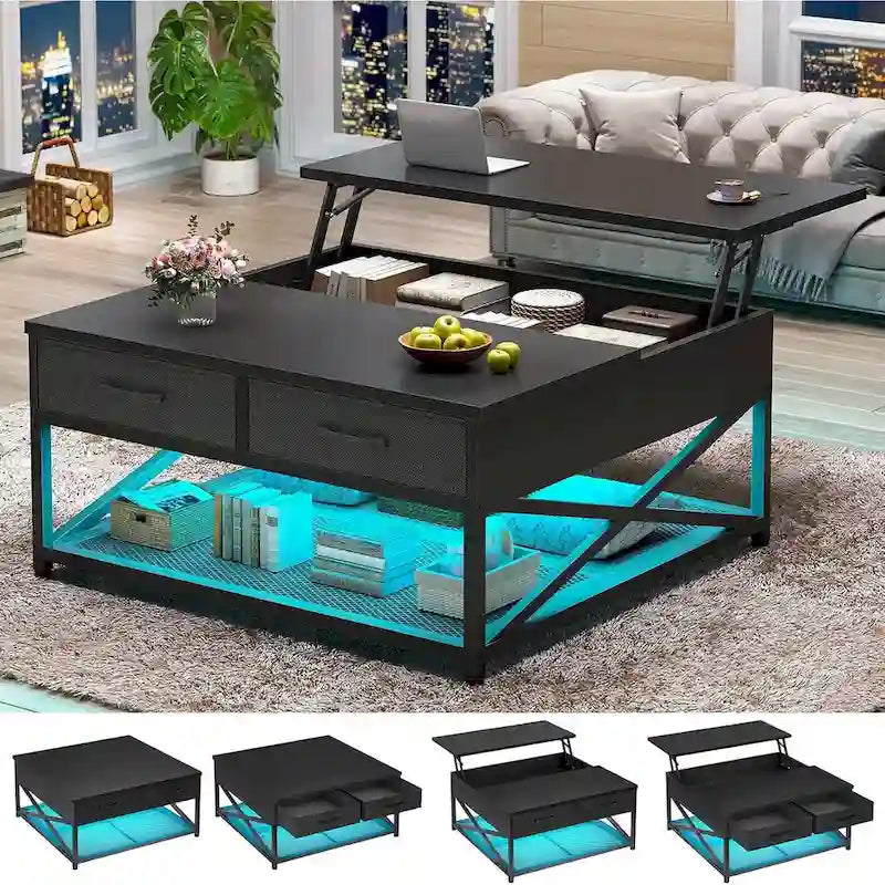 Table basse relevable avec étagère de rangement ouverte et rangement classifié caché