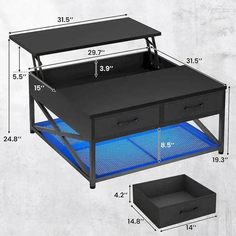 Table basse relevable avec étagère de rangement ouverte et rangement classifié caché