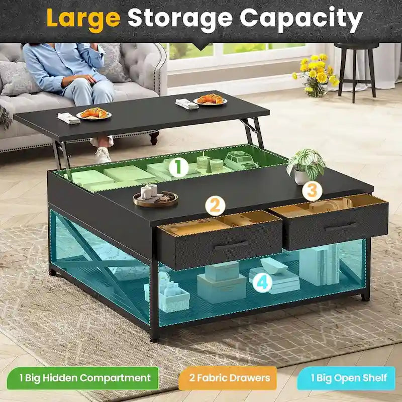 Table basse relevable avec étagère de rangement ouverte et rangement classifié caché