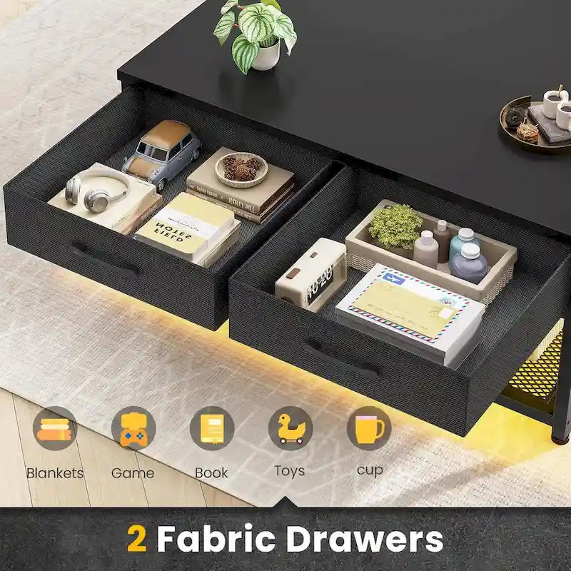 Table basse relevable avec étagère de rangement ouverte et rangement classifié caché