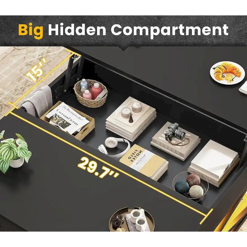 Table basse relevable avec étagère de rangement ouverte et rangement classifié caché