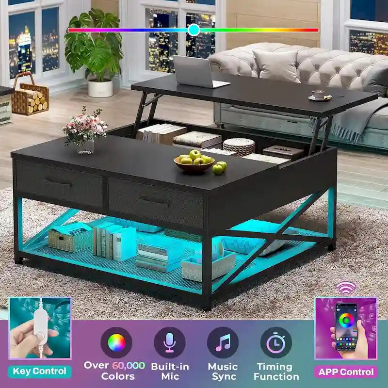 Table basse relevable avec étagère de rangement ouverte et rangement classifié caché