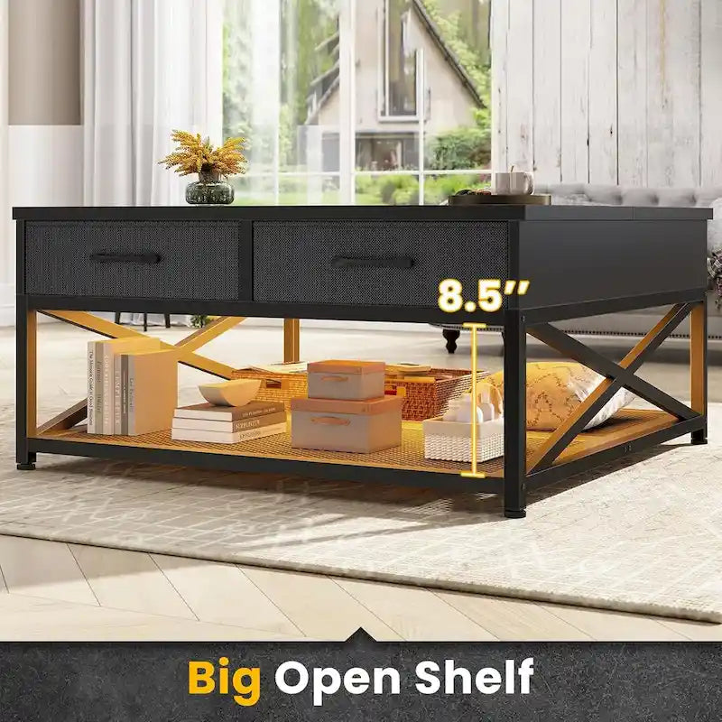 Table basse relevable avec étagère de rangement ouverte et rangement classifié caché