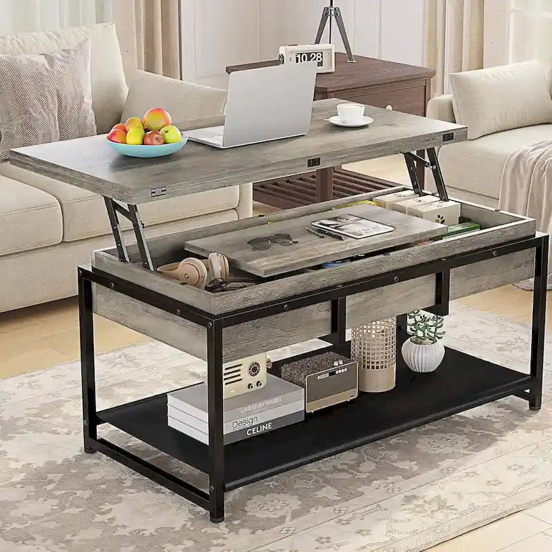 Table basse relevable avec étagère de rangement ouverte et rangement classifié caché