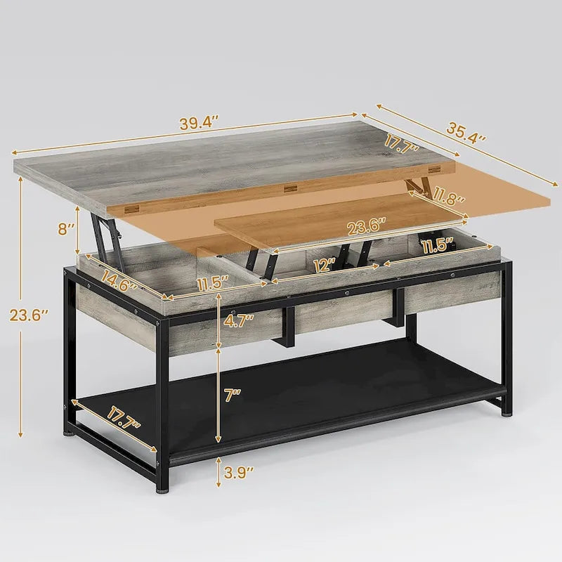 Table basse relevable avec étagère de rangement ouverte et rangement classifié caché