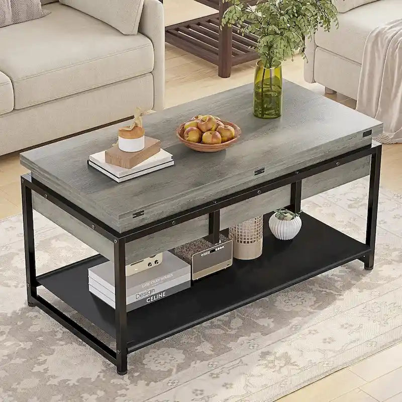 Table basse relevable avec étagère de rangement ouverte et rangement classifié caché