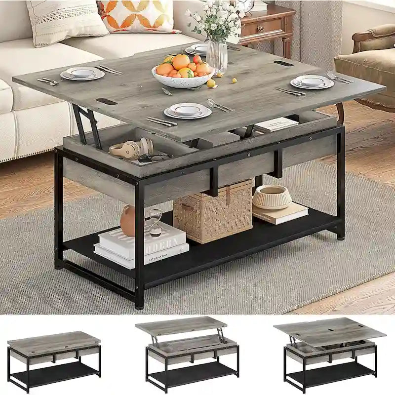 Table basse relevable avec étagère de rangement ouverte et rangement classifié caché