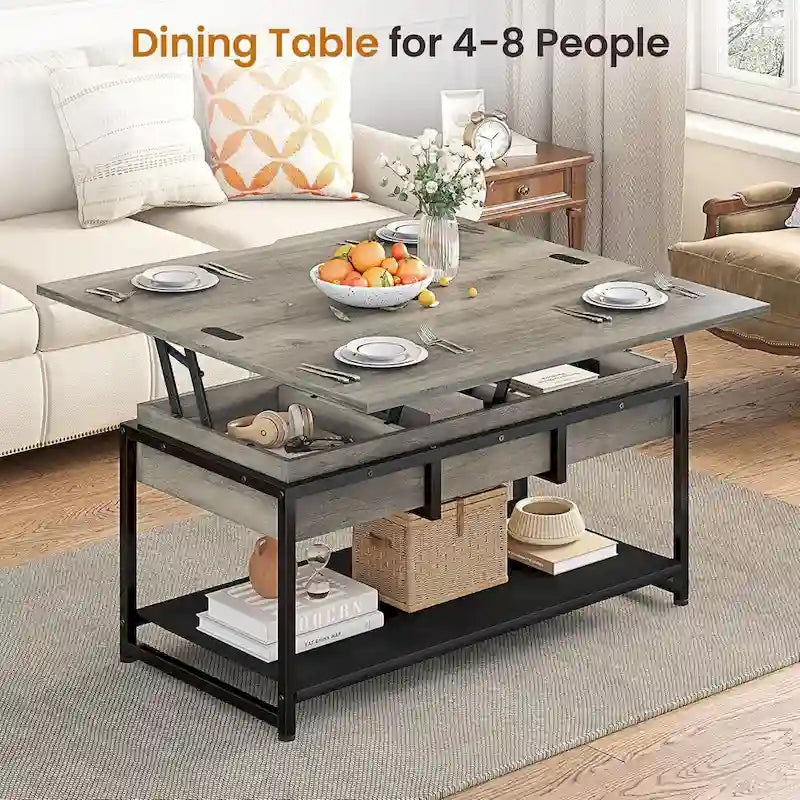 Table basse relevable avec étagère de rangement ouverte et rangement classifié caché