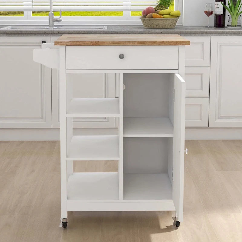 Îlot de cuisine roulant blanc avec porte-serviettes