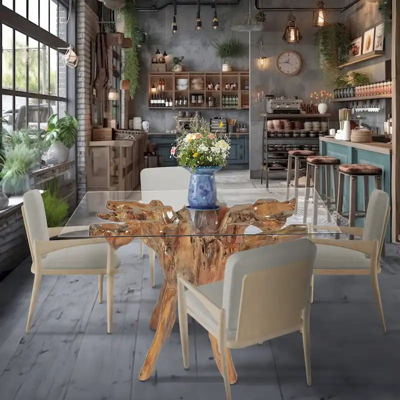 Table à manger en racine de teck avec plateau en verre carré de 43 pouces
