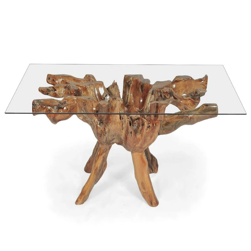 Table à manger en racine de teck avec plateau en verre carré de 43 pouces
