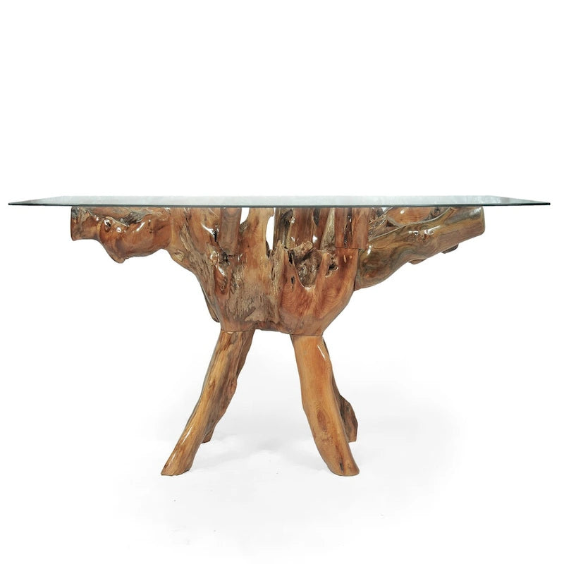 Table à manger en racine de teck avec plateau en verre carré de 43 pouces