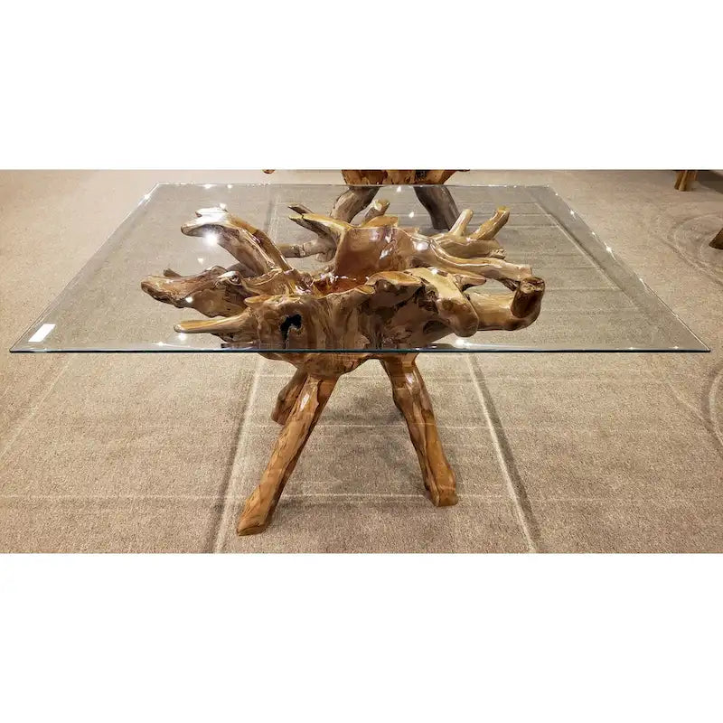 Table à manger en racine de teck avec plateau en verre carré de 43 pouces