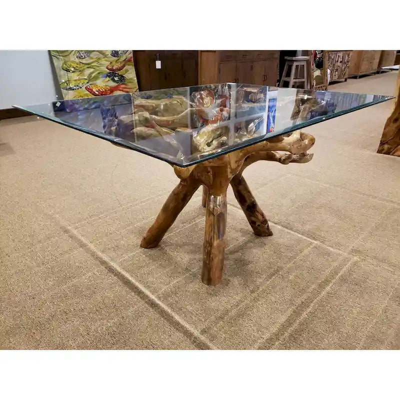 Table à manger en racine de teck avec plateau en verre carré de 43 pouces