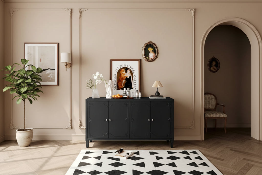 Buffet/Vaisselier Moderne Noir Mat 4 Portes en Bois, Armoire de Rangement d'Appoint de 60 Pouces