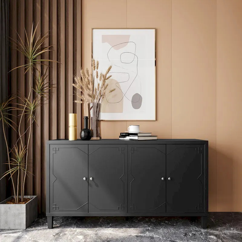 Buffet/Vaisselier Moderne Noir Mat 4 Portes en Bois, Armoire de Rangement d'Appoint de 60 Pouces