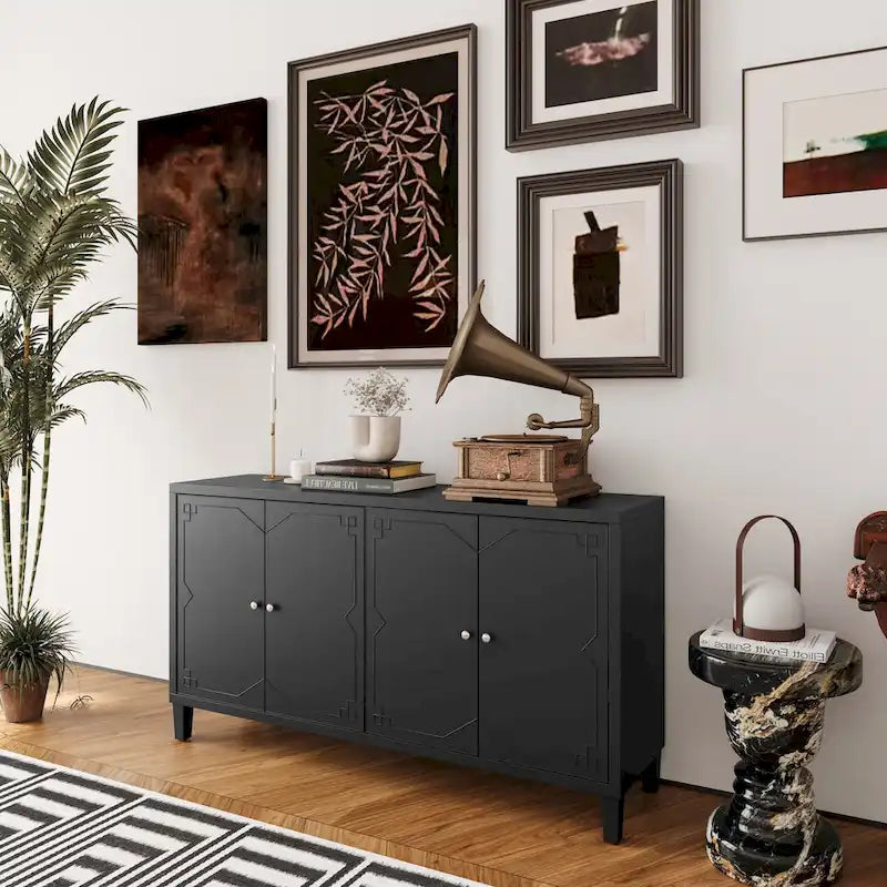 Buffet/Vaisselier Moderne Noir Mat 4 Portes en Bois, Armoire de Rangement d'Appoint de 60 Pouces