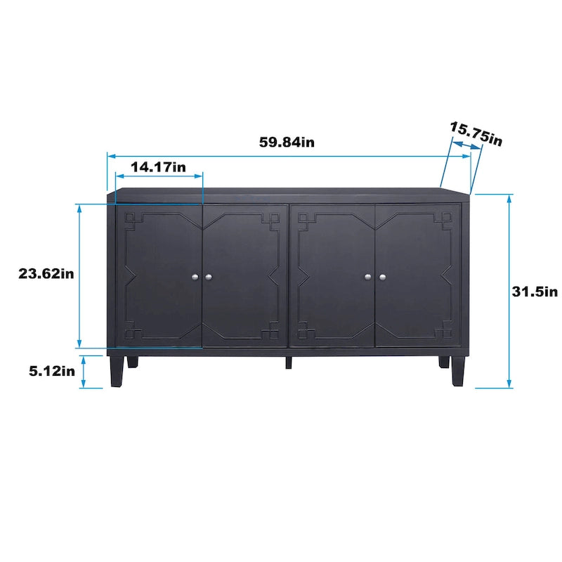 Buffet/Vaisselier Moderne Noir Mat 4 Portes en Bois, Armoire de Rangement d'Appoint de 60 Pouces