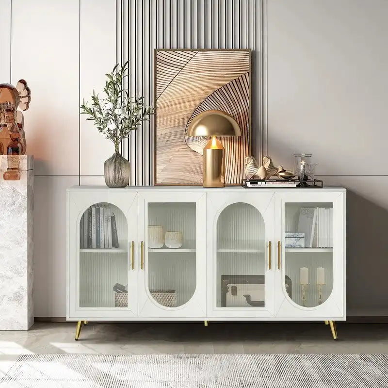 Bahut buffet de style moderne du milieu du siècle de 152 cm de large avec portes en verre trempé cannelé et étagères réglables