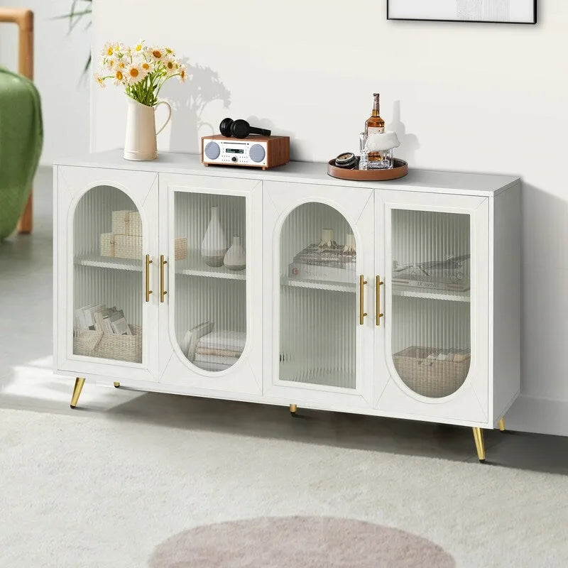 Grondin Mid-Century Modern Style 59.8 Wide Sideboard Buffet with Fluted Tempered Glass Doors and Adjustable Shelves