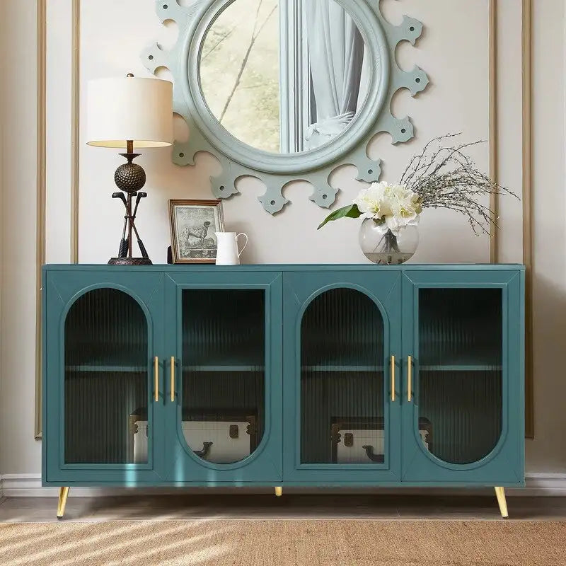 Bahut buffet de style moderne du milieu du siècle de 152 cm de large avec portes en verre trempé cannelé et étagères réglables
