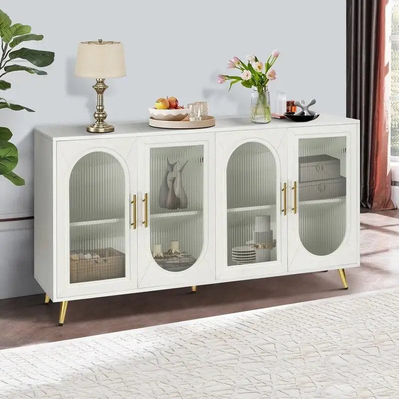 Bahut buffet de style moderne du milieu du siècle de 152 cm de large avec portes en verre trempé cannelé et étagères réglables