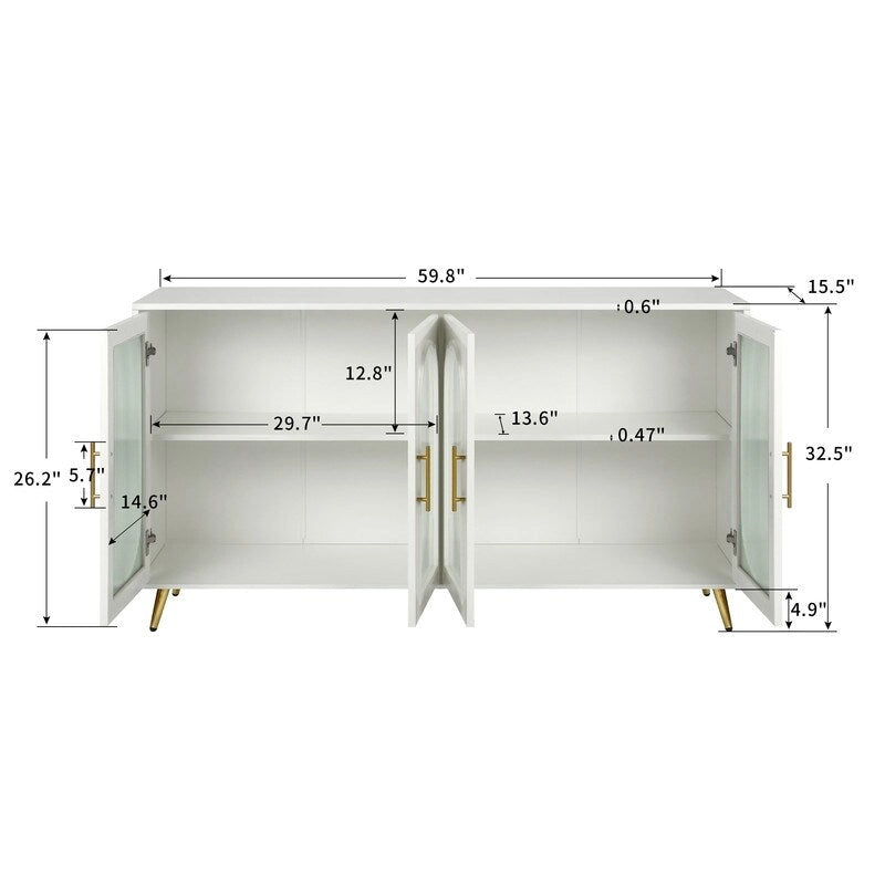 Bahut buffet de style moderne du milieu du siècle de 152 cm de large avec portes en verre trempé cannelé et étagères réglables