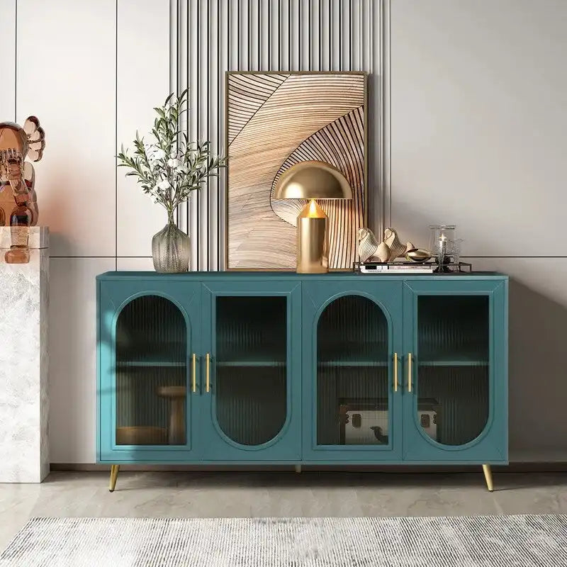 Bahut buffet de style moderne du milieu du siècle de 152 cm de large avec portes en verre trempé cannelé et étagères réglables