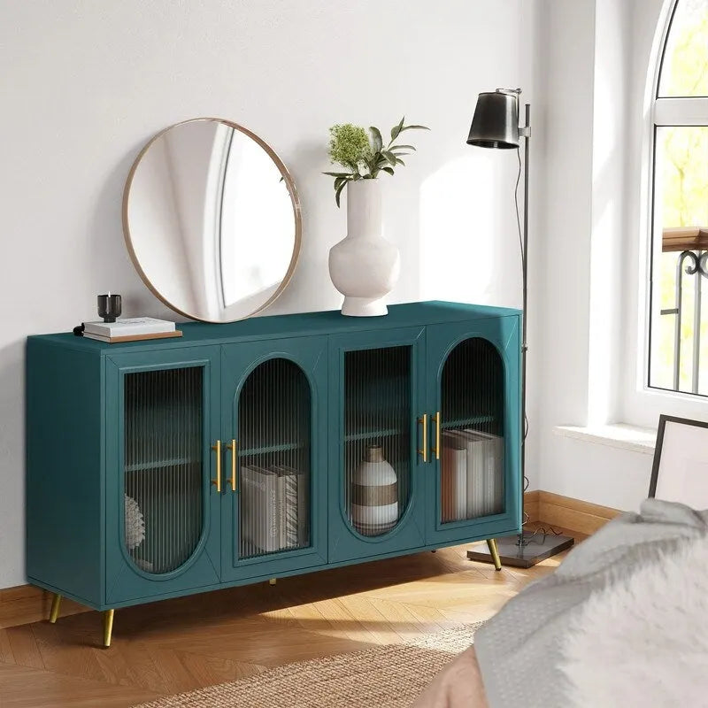 Bahut buffet de style moderne du milieu du siècle de 152 cm de large avec portes en verre trempé cannelé et étagères réglables