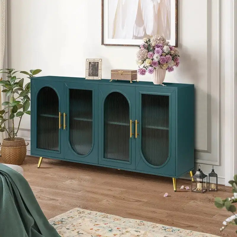 Bahut buffet de style moderne du milieu du siècle de 152 cm de large avec portes en verre trempé cannelé et étagères réglables