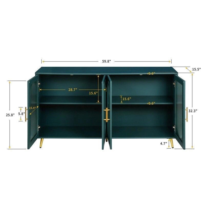 Bahut buffet de style moderne du milieu du siècle de 152 cm de large avec portes en verre trempé cannelé et étagères réglables