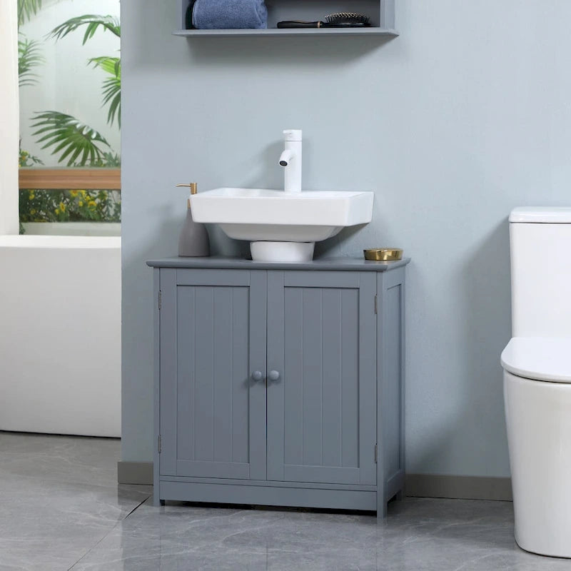 Meuble sous-lavabo de salle de bain avec 2 portes et étagère, Meuble-lavabo pour pied de lavabo, Gris