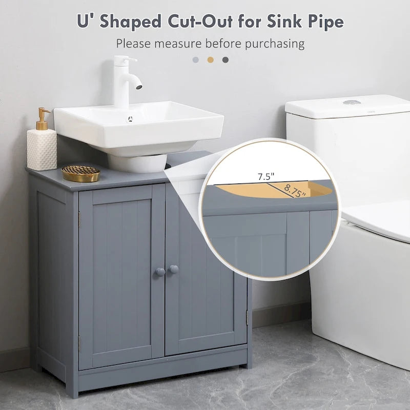 Meuble sous-lavabo de salle de bain avec 2 portes et étagère, Meuble-lavabo pour pied de lavabo, Gris