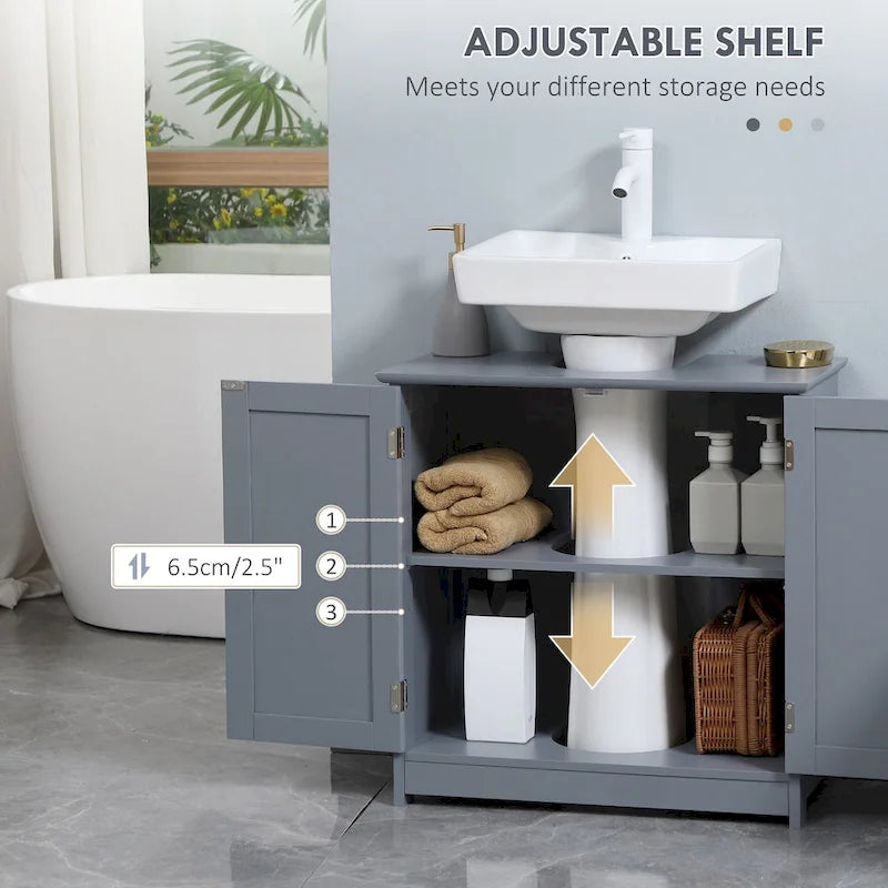 Meuble sous-lavabo de salle de bain avec 2 portes et étagère, Meuble-lavabo pour pied de lavabo, Gris
