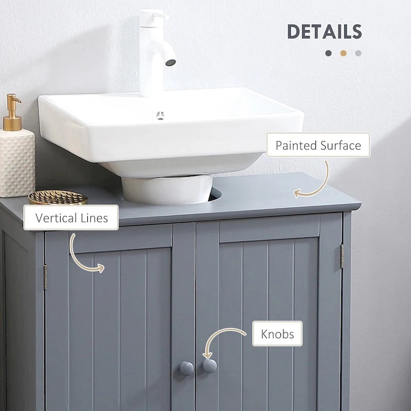 Meuble sous-lavabo de salle de bain avec 2 portes et étagère, Meuble-lavabo pour pied de lavabo, Gris